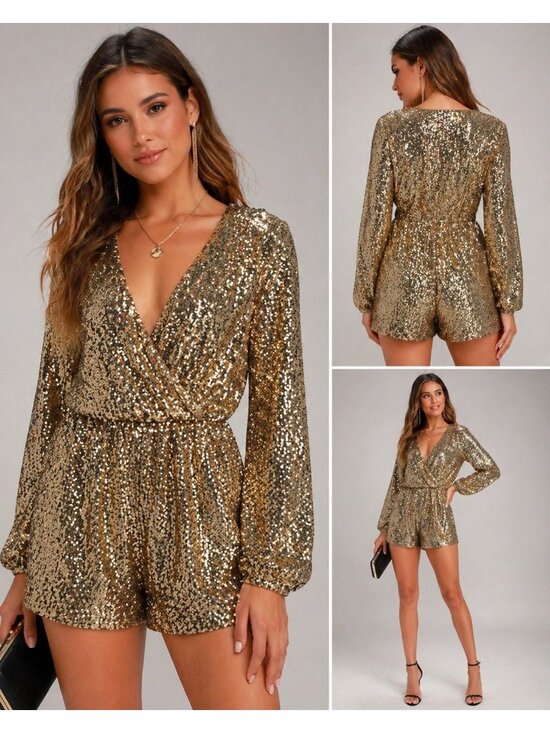 Boutique Style Pants - Boutique Style Women’s Gold Sequin Romper Large Long Sleeve New Years Eve Party